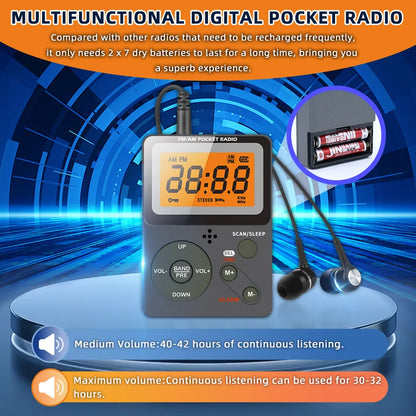 Digital Radio, FM/AM, 2 Band Stereo Music Receiver, Portable Pocket Radio with Headphones, LCD Screen, 2xAAA Dry Battery Powered