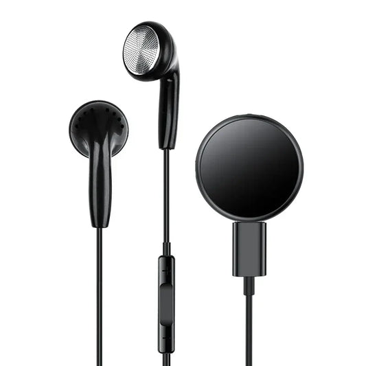 Black in-ear headphones with metallic mesh detail paired with a professional sound activated mini voice recorder digital audio recorder