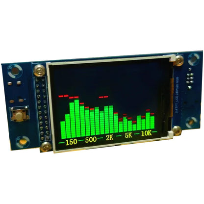 Blue 2.4-inch true color lcd music spectrometer displaying green audio equalizer with labeled frequencies and 3.5mm input