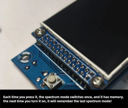 Blue circuit board music spectrometer with black display screen silver connectors 3.5mm input five true color tft panel