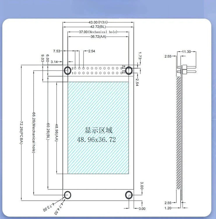 Rectangular 2.4-inch tft screen music spectrometer display panel with light blue hatched true color area and 3.5mm input five modes