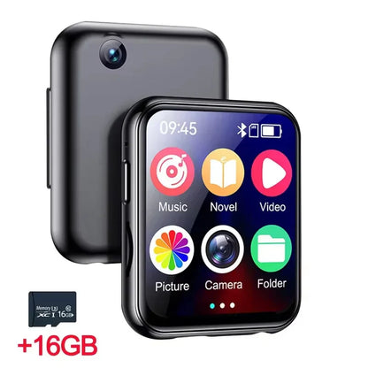 Black rectangular hifi mp4 music player with touchscreen and recorder camera portable shown from back side