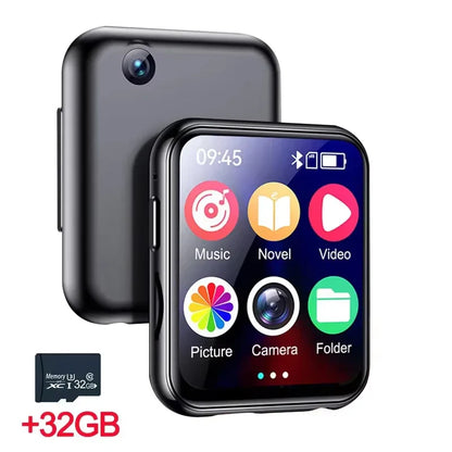 Black rectangular 64gb mp3 music player with touchscreen display and camera lens, featuring speaker recorder camera and hifi mp4 player fm e-book