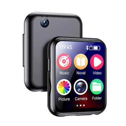 Black rectangular 64GB hifi mp4 player with full touch screen displaying music camera folder apps and built-in speaker recorder