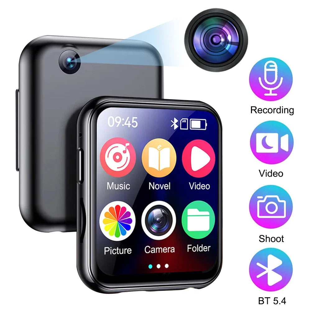 Black rectangular mp4 hifi player fm e-book with touchscreen display showing app icons and rear speaker recorder camera