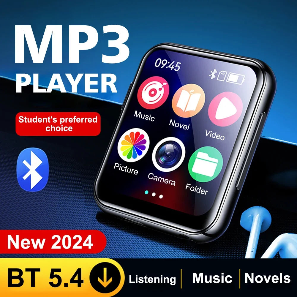 Black 64gb hifi mp4 music player with touchscreen bluetooth 5.4 recorder camera portable and blue earbuds