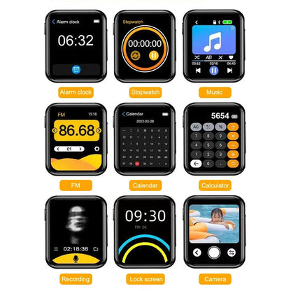 Black 64gb mp3 music player with rectangular screen featuring speaker recorder camera and hifi mp4 player fm e-book functions