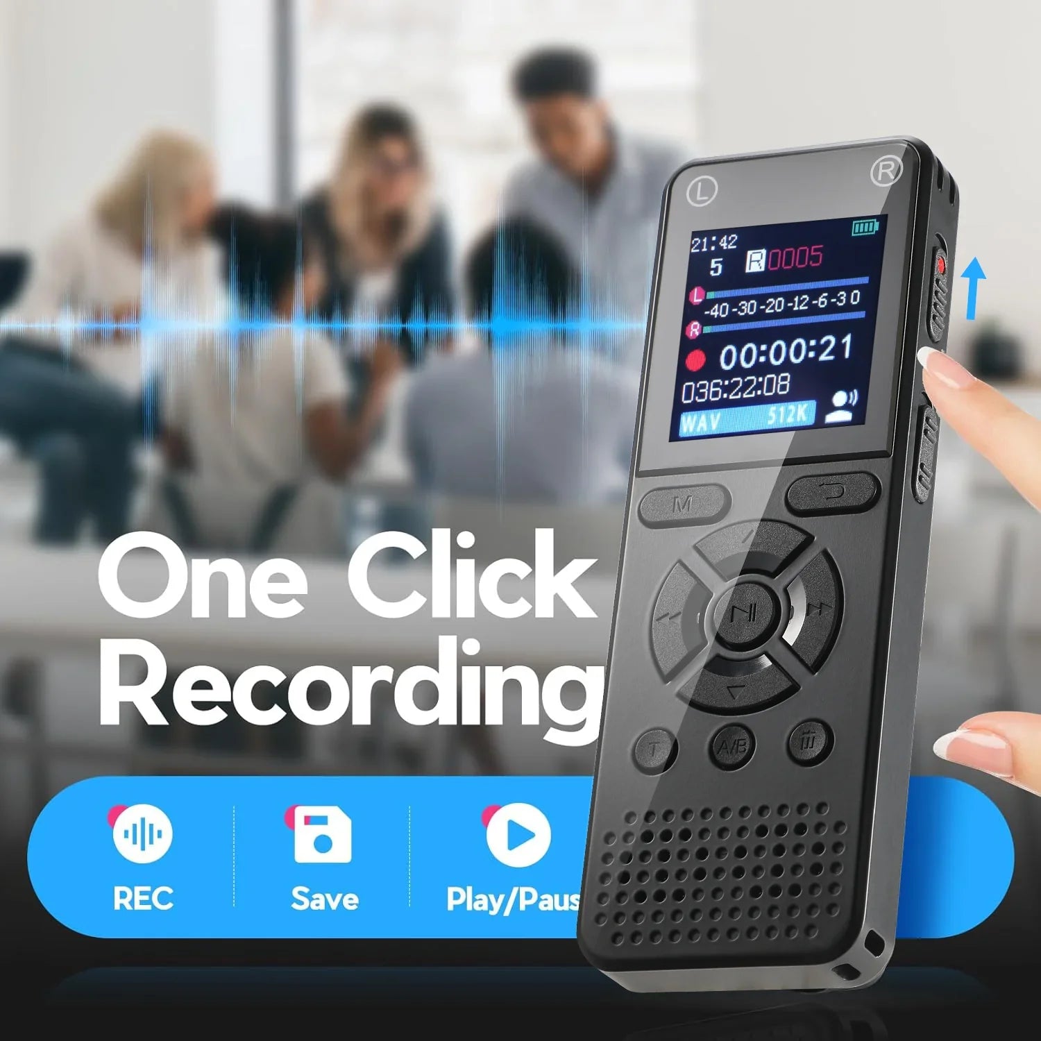 Black 64gb voice activated digital recorder with 1536kbps hd recording, dual microphone, and playback buttons