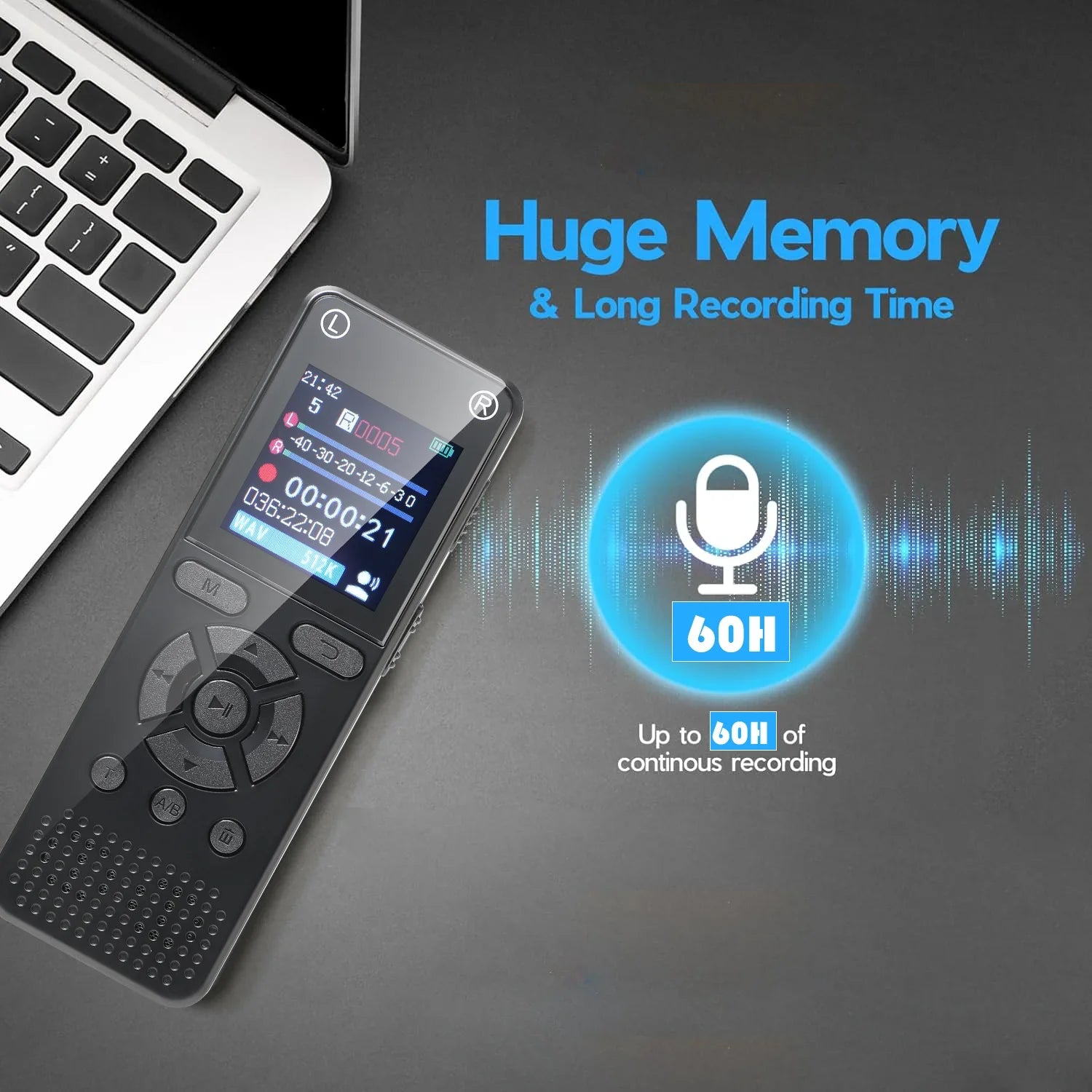 Black 64gb voice activated digital recorder with touchscreen display recording dual microphone and 1536kbps hd recording