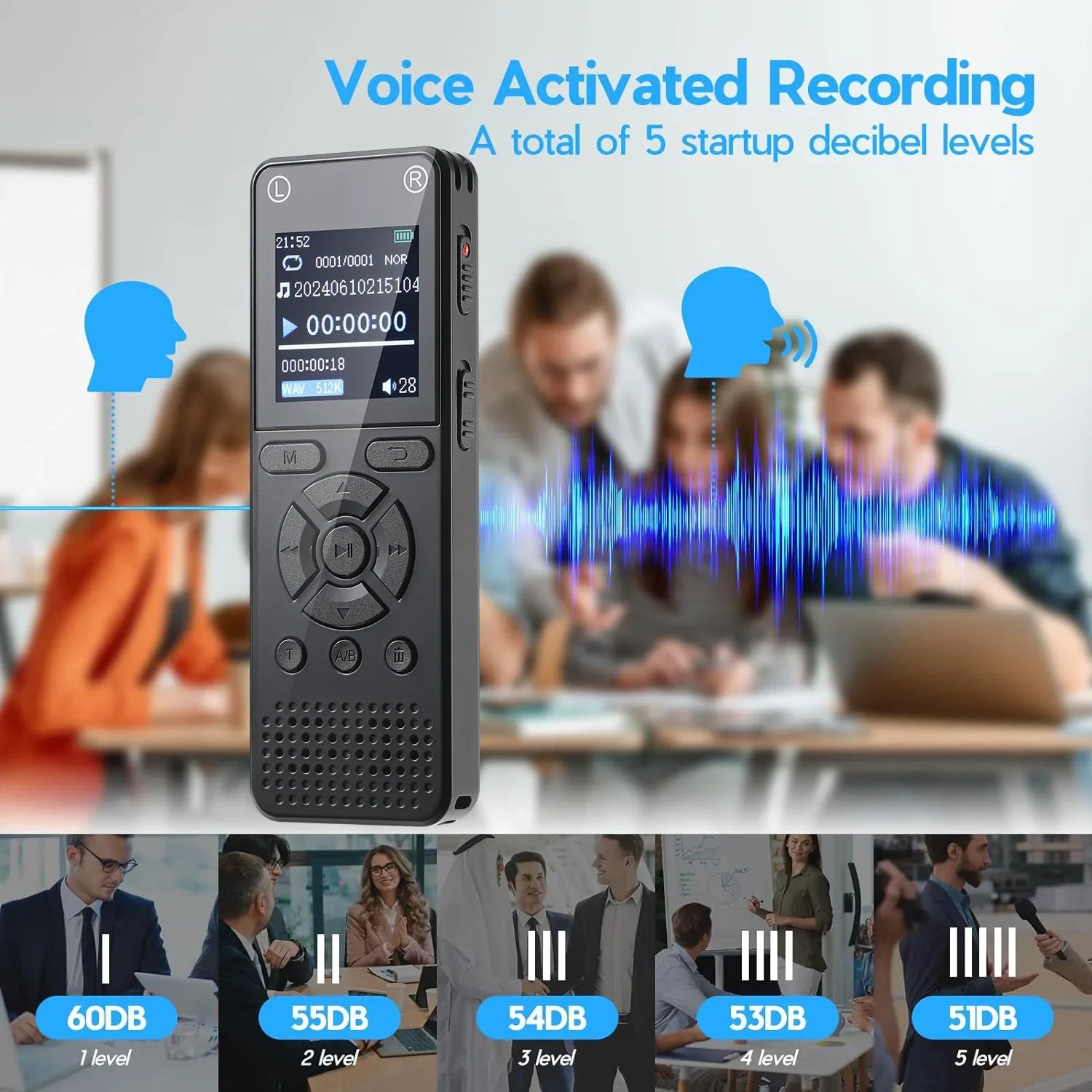 Black rectangular 64gb voice activated digital recorder with 1536kbps hd recording and dual microphone for clear audio capture