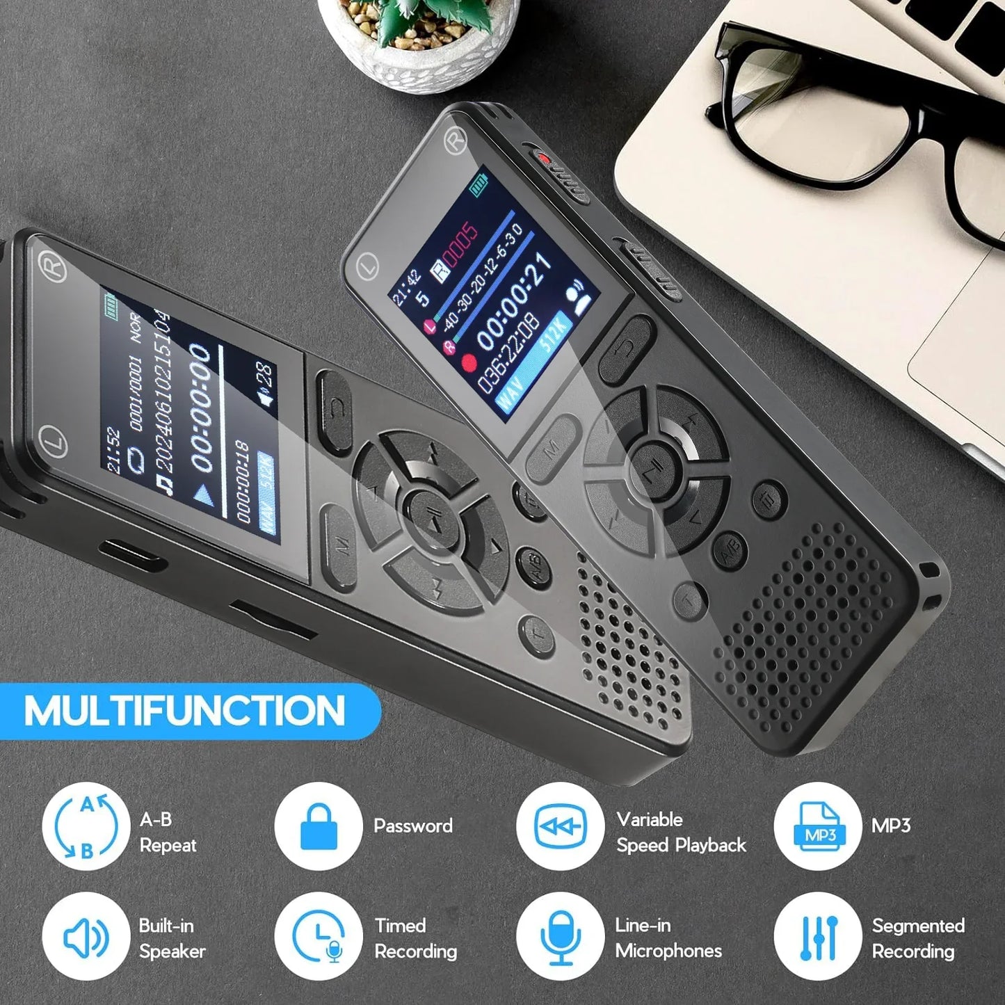 Black 64gb voice activated multifunction digital recorder with 1536kbps hd recording and recording dual microphone features