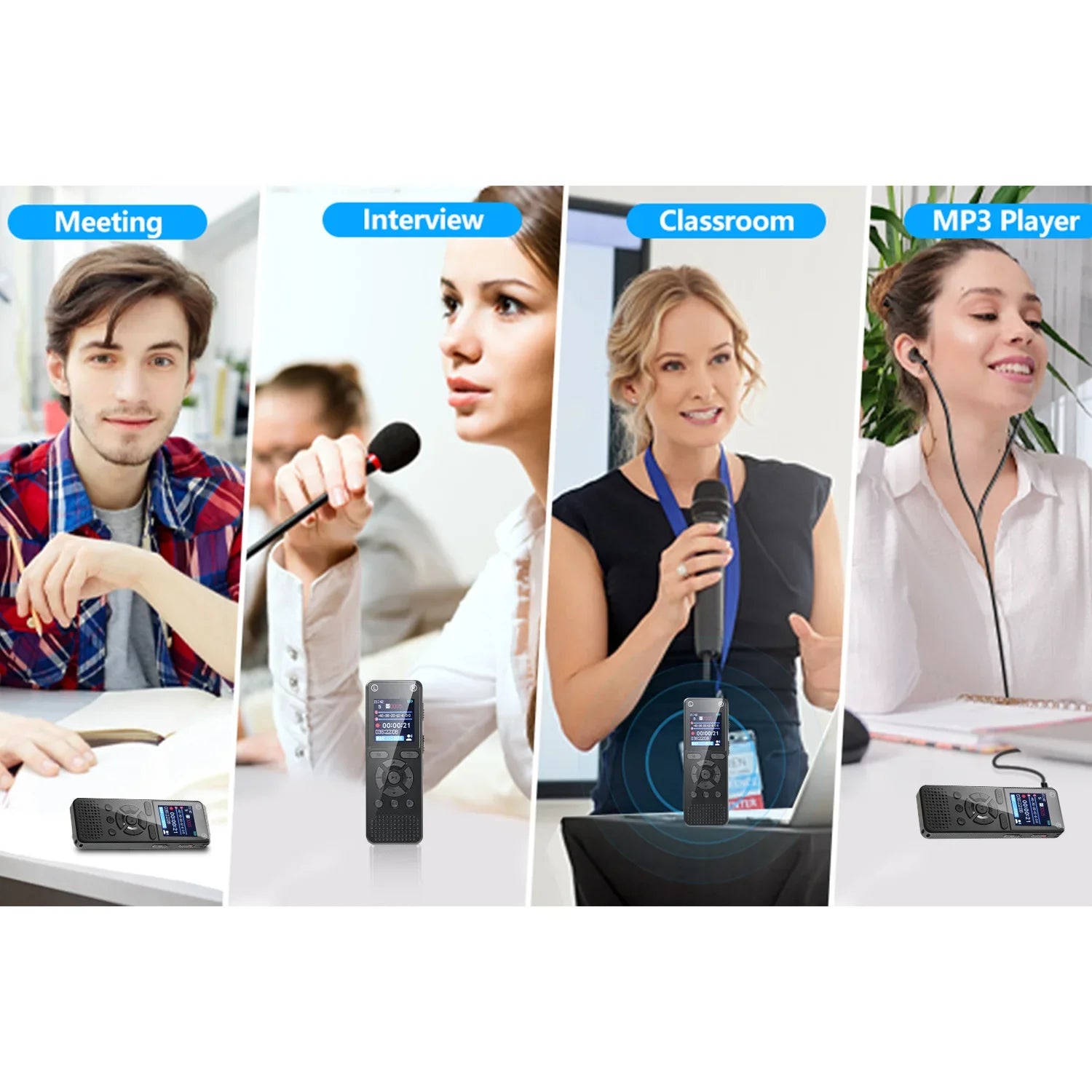 Black rectangular 64gb voice activated digital recorder with 1536kbps hd recording and dual microphone buttons