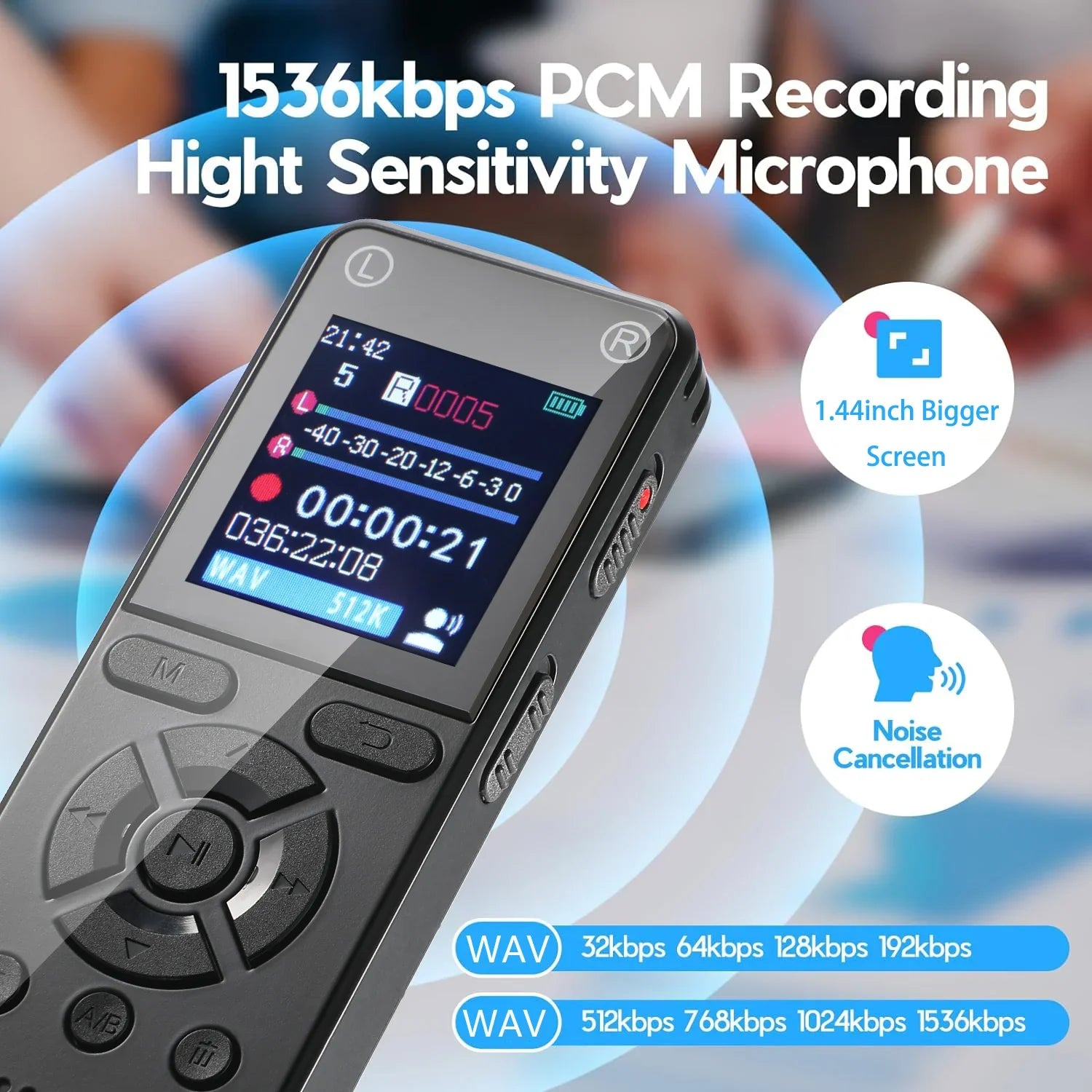 Black 64gb voice activated digital recorder with 1.44 inch screen, buttons, recording dual microphone, 1536kbps hd recording
