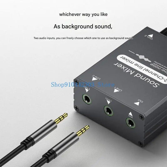 Black 2-channel 3.5mm sound mixing machine with green-accented audio jacks and metal casing for podcasting switching portab