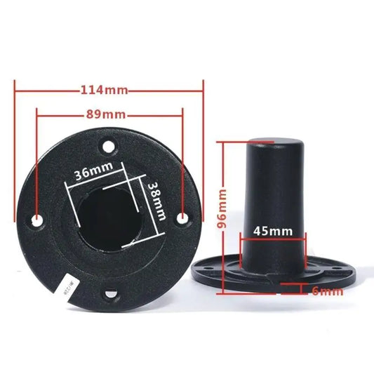 Black 652F metal stand speaker base with flanged iron bracket and threaded insert for professional stage sound durability