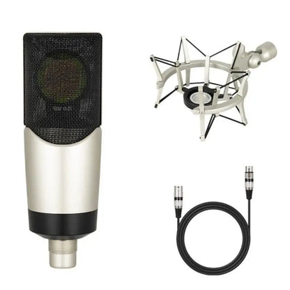 Silver 652f professional condenser studio vocal microphone with black mesh grille and shock mount for computer gaming live use