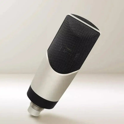 Black and white 652f professional condenser studio vocal microphone with mesh grille and metallic base for computer gaming live use