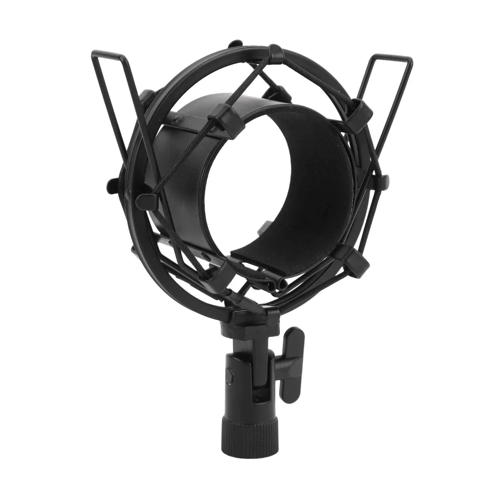 Black metal aluminum alloy microphone shock mount with circular anti vibration clamp and mic clip holder for studio use