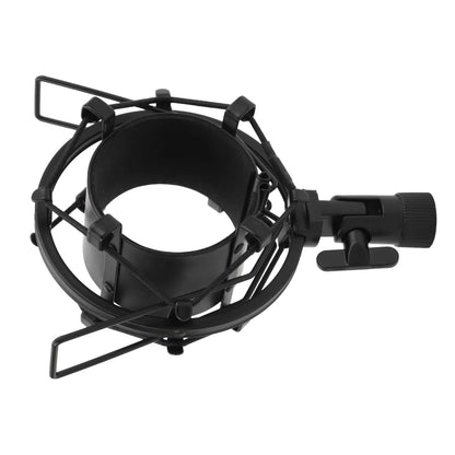 Black metal microphone shock mount with protective cage and adjustable aluminum clamp for anti vibration mic clip holder