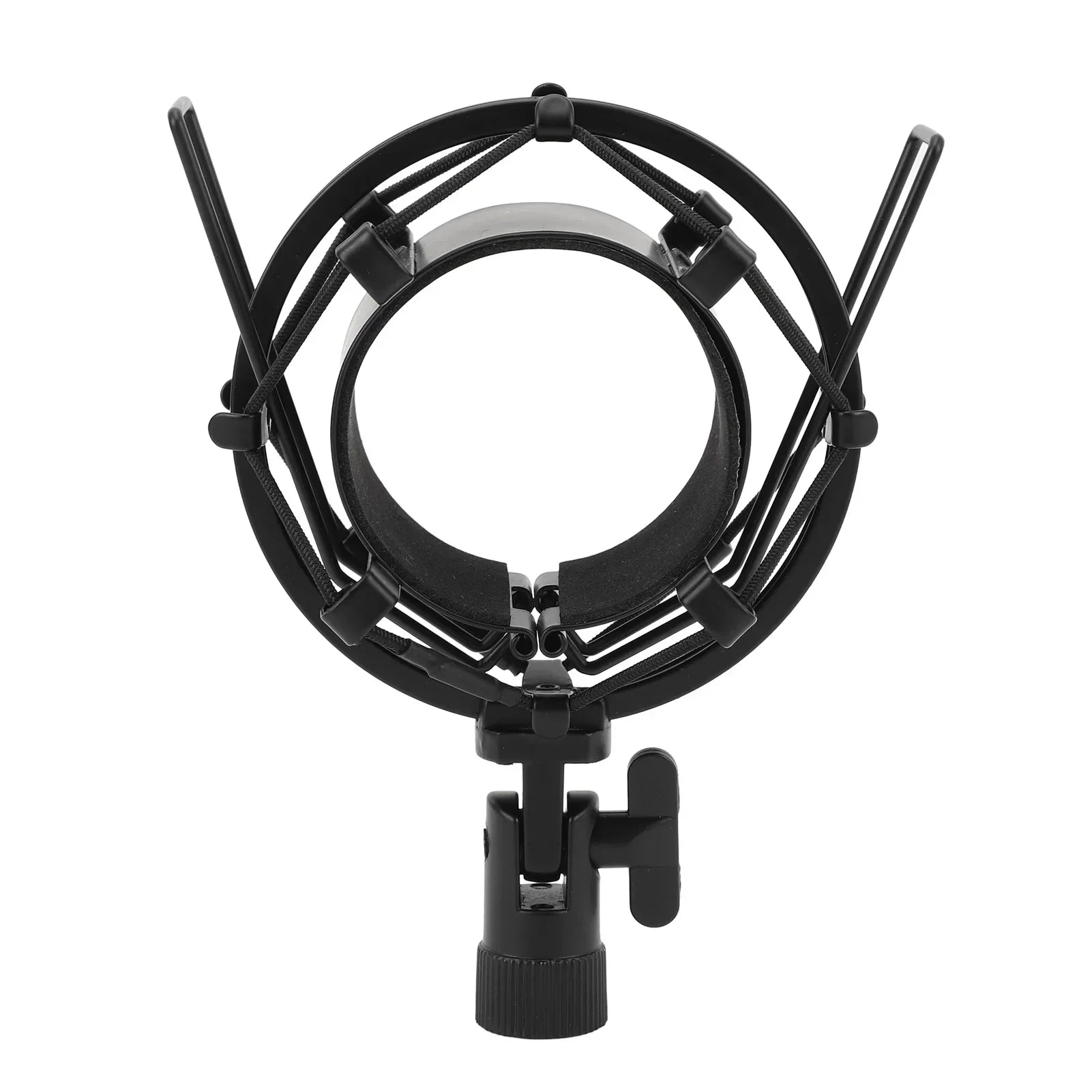 Black aluminum alloy microphone shock mount with circular wire mesh cage and anti vibration mic clip holder clamp