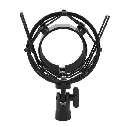Black aluminum alloy microphone shock mount with circular wire mesh cage and anti vibration mic clip holder clamp