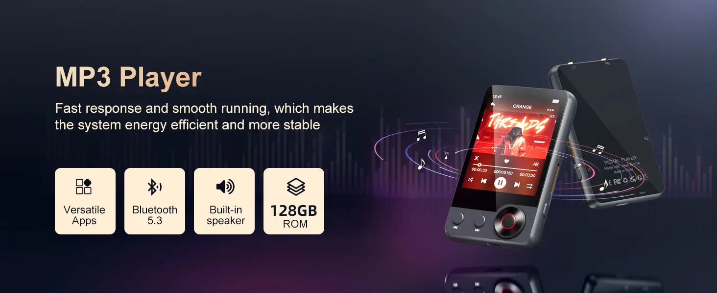 128GB MP3 player (with Bluetooth 5.3) 2.4’ portable full touchscreen music player (with speakers and Micro SD card slot)