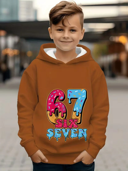 Brown kids funny digital 67 meme hoodie with colorful pink and blue icing graphic autumn sweatshirt loose streetwear fashion y2k
