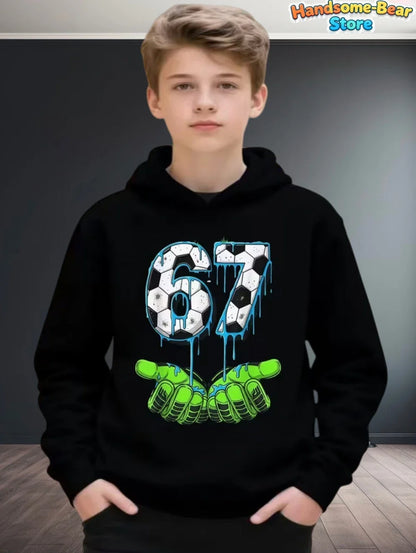 Black kids funny digital 67 meme hoodie with vibrant soccer ball graphic and neon hands autumn sweatshirt loose streetwear fashion y2k