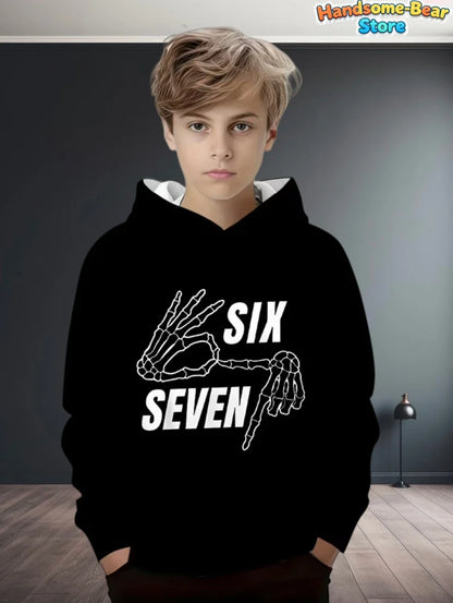 Black kids hoodie with white skeleton hand graphic and six seven text for streetwear fashion y2k autumn sweatshirt loose fit