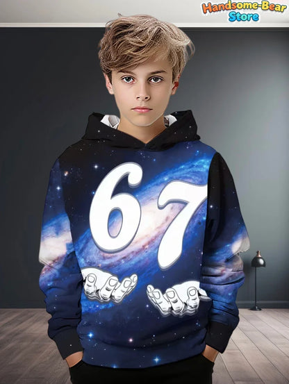 Blue galaxy themed kids funny digital print 67 meme hoodie with black sleeves streetwear fashion y2k autumn sweatshirt loose