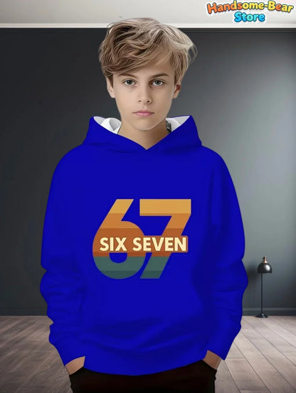 Vibrant royal blue kids funny digital 67 meme hoodie with bold gradient graphic autumn sweatshirt loose streetwear fashion y2k