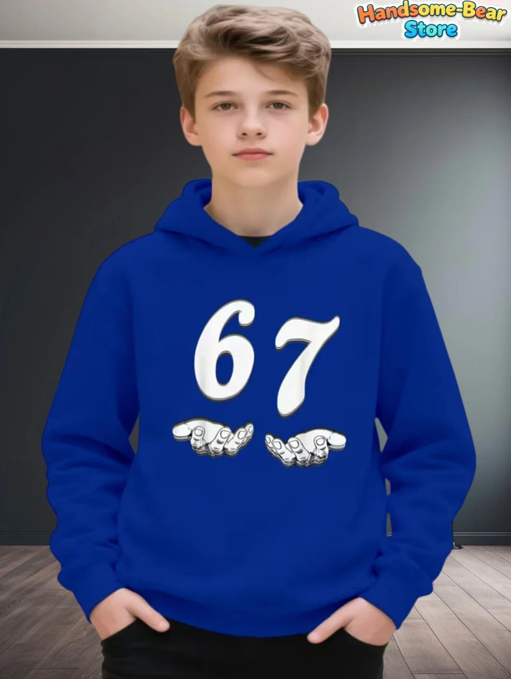 Royal blue 67 meme hoodie for kids with bold white 67 numerals and stylized hand graphics streetwear fashion y2k autumn sweatshirt loose
