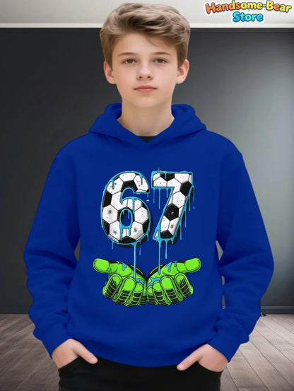 Blue kids hoodie with 67 soccer ball graphic and green goalkeeper gloves digital print autumn sweatshirt loose streetwear fashion y2k