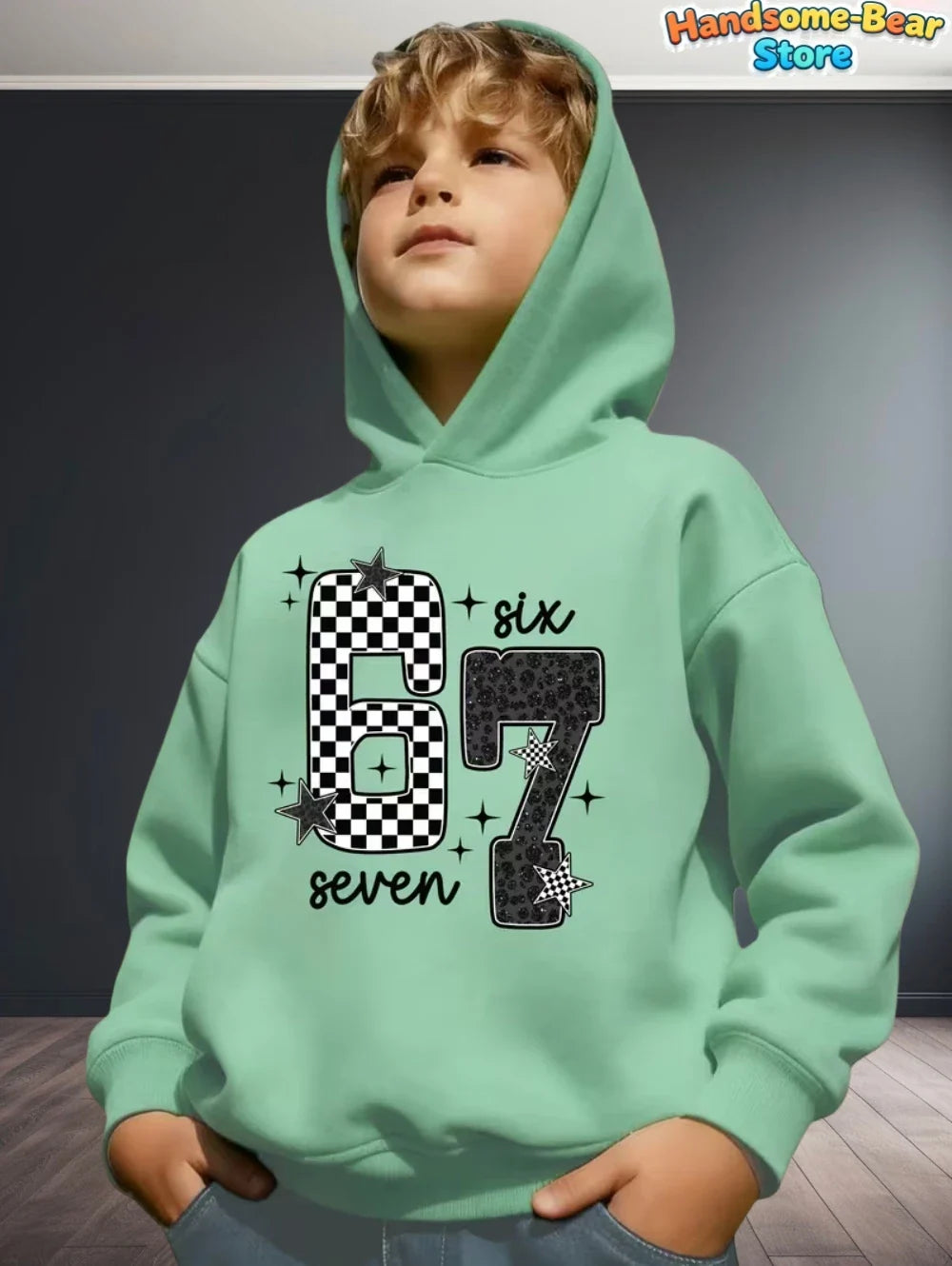 Mint green kids funny digital hoodie with bold 67 graphic and star accents for autumn sweatshirt loose streetwear fashion y2k