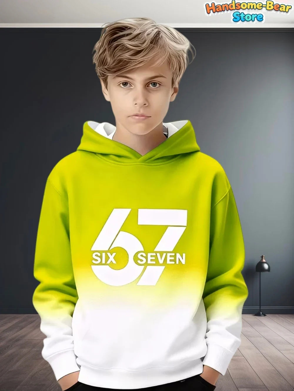 Vibrant lime green and white gradient 67 meme hoodie for kids featuring a bold six seven graphic streetwear fashion y2k