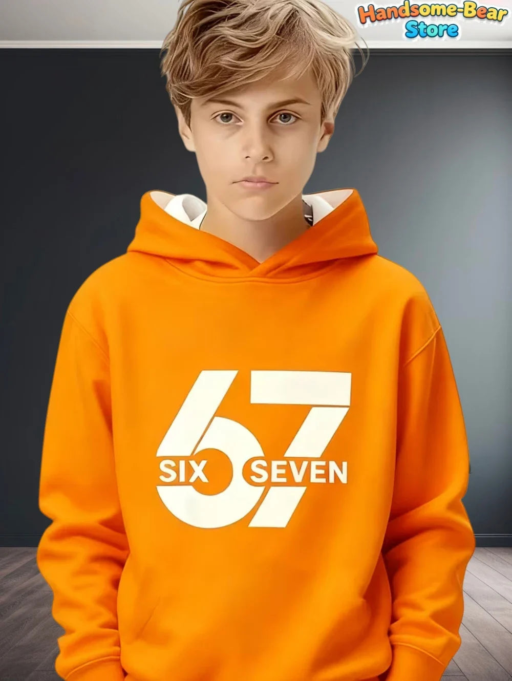 Bright orange kids hoodie with bold white 67 six seven graphic perfect for streetwear fashion y2k autumn sweatshirt loose style