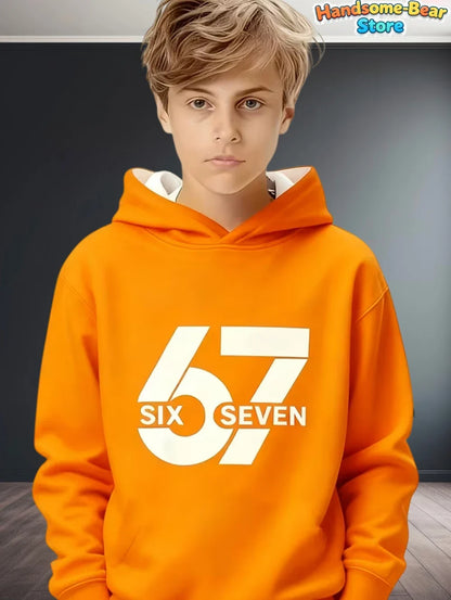 Bright orange kids hoodie with bold white 67 six seven graphic perfect for streetwear fashion y2k autumn sweatshirt loose style