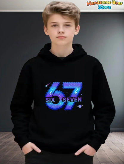 Black kids 67 meme hoodie featuring a vibrant pixelated blue and purple graphic with lightning bolts in autumn sweatshirt loose style