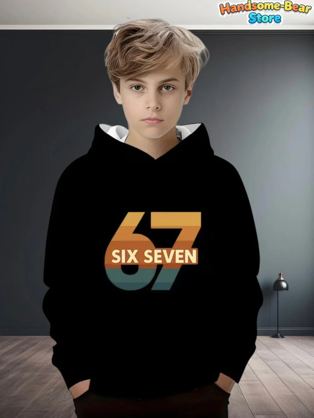 Black kids hoodie with bold gradient 67 graphic designed for streetwear fashion y2k autumn sweatshirt loose fit