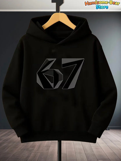 Black kids funny digital 67 meme hoodie with gray geometric print autumn sweatshirt loose streetwear fashion y2k top