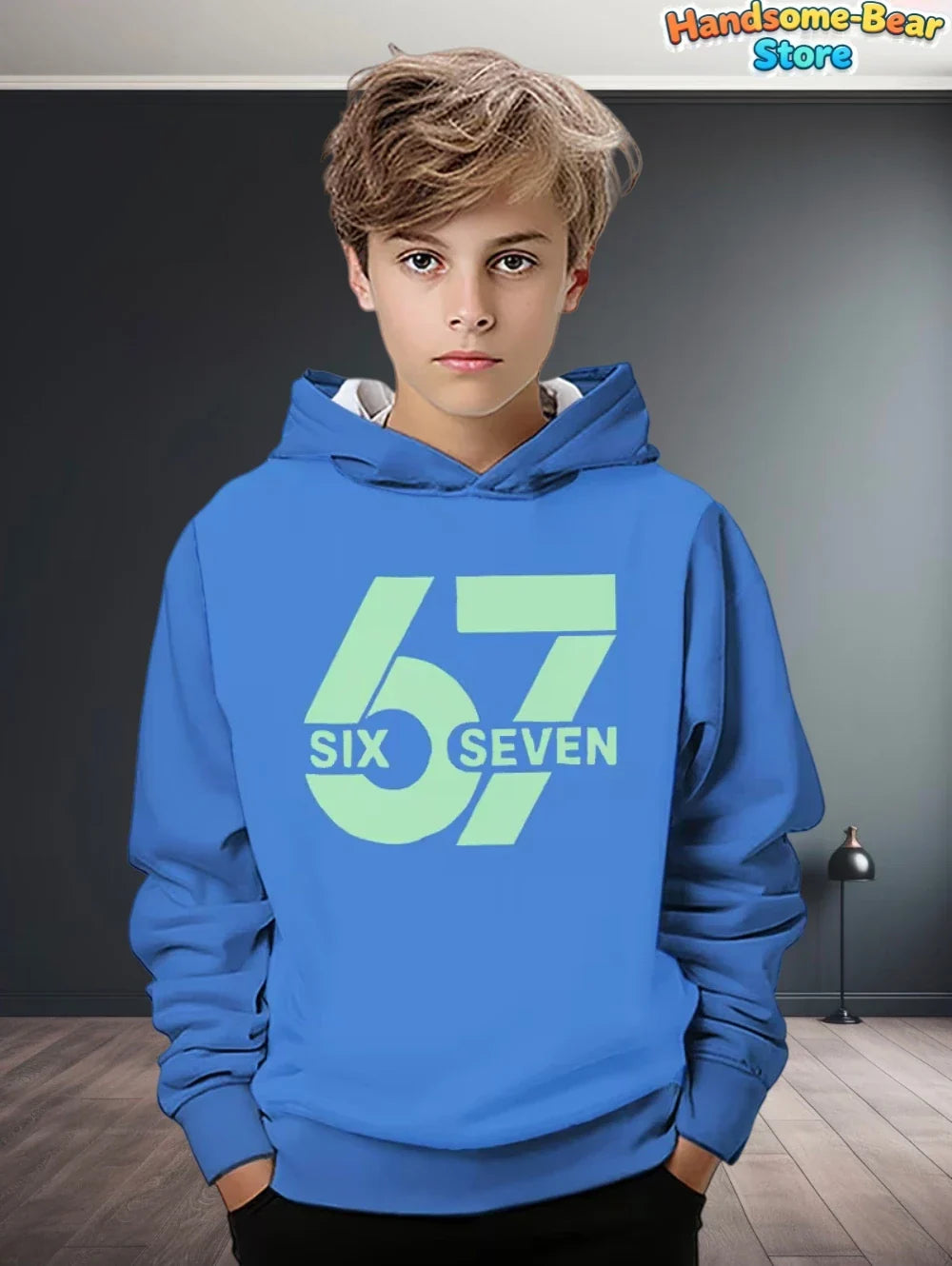 Blue kids hoodie with large neon green 67 graphic featuring kids funny digital print for autumn sweatshirt loose streetwear fashion y2k
