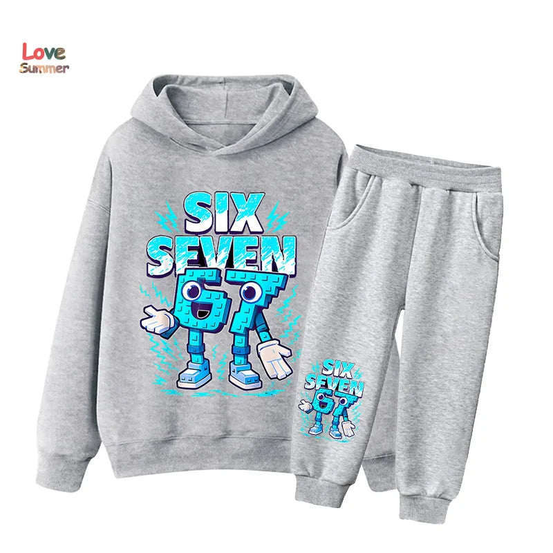 Gray love summer children’s six seven hoodie and sweatpants set with blue robot design italian brainrot kid girl sweatshirt 2pcs