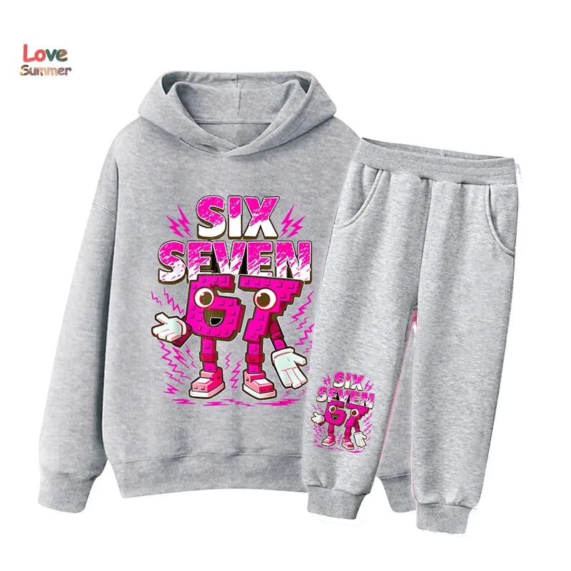 Gray six seven hoodie and sweatpants set with vibrant pink italian brainrot kid cartoon for girls sweatshirt 2pcs