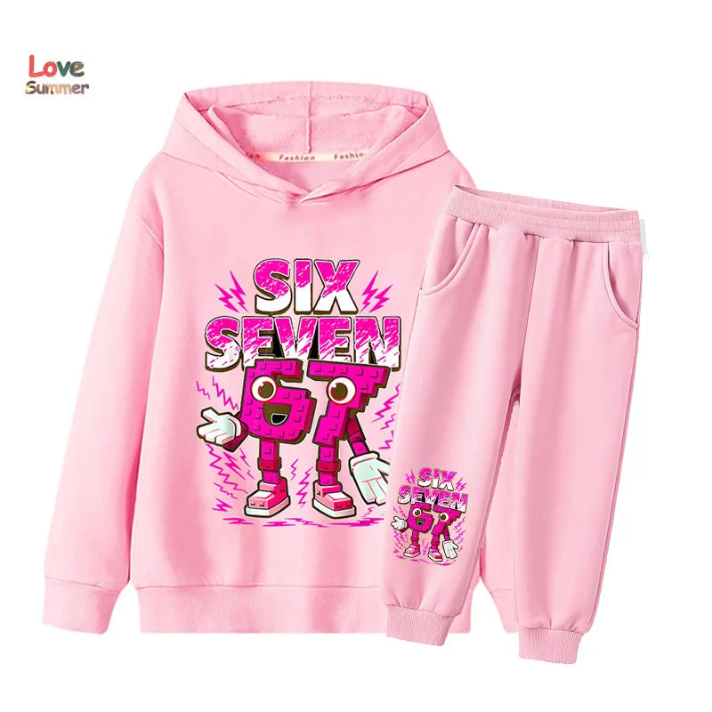 Pink six seven hoodie and sweatpants set with cartoon robot graphic for boys and girls italian brainrot kid girl sweatshirt 2pcs
