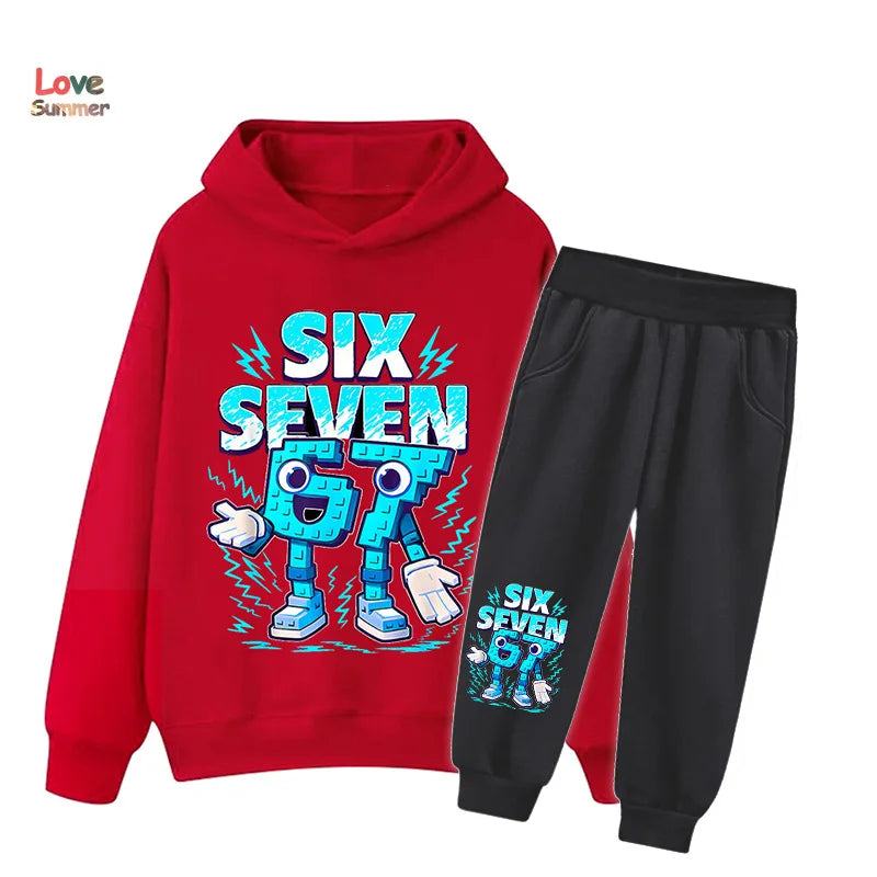 Red hooded sweatshirt with vibrant blue cartoon robot and six seven hoodie text for italian brainrot kid girl sweatshirt 2pcs