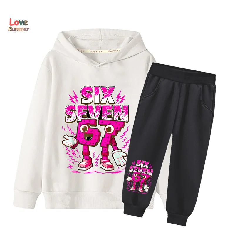 White hooded sweatshirt featuring pink and black six seven cartoon robot graphic italian brainrot kid girl sweatshirt 2pcs
