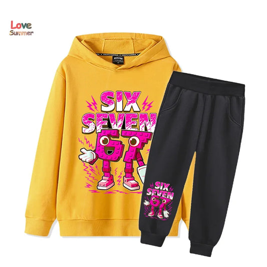 Yellow hooded sweatshirt with pink and white cartoon robot graphic and six seven text italian brainrot kid girl sweatshirt 2pcs