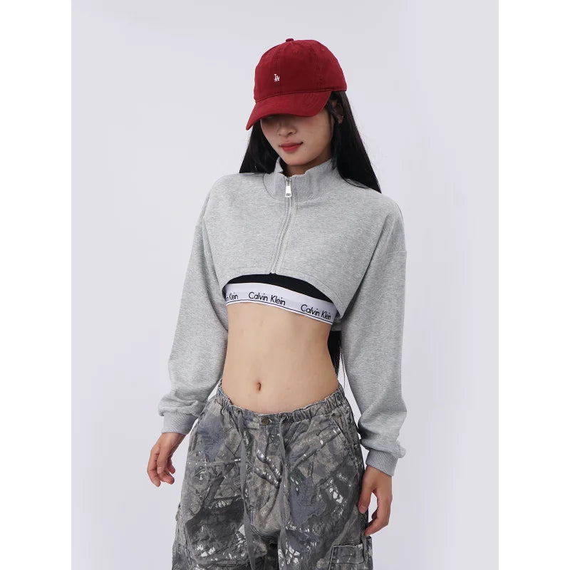 High Waist Loose Fit Ultra-Short Jazz Street Dance Sweatshirt Women's Style Navel Hip Hop Sexy Zipper Cover up Jacket