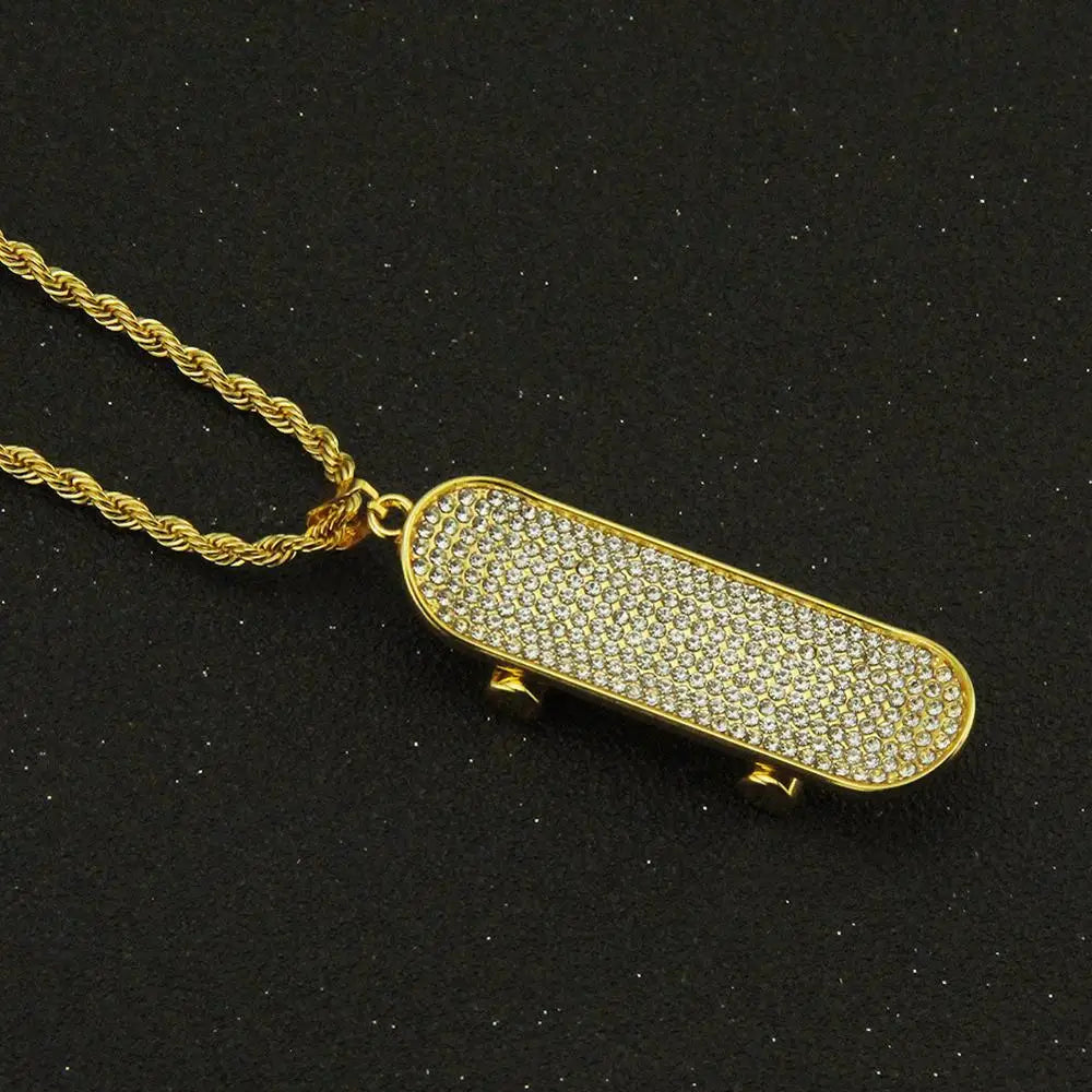 Hip Hop Full Rhinestones Paved Bling Iced Out Skateboard Pendants Necklace for Men Rapper Jewelry Gold Silver Color
