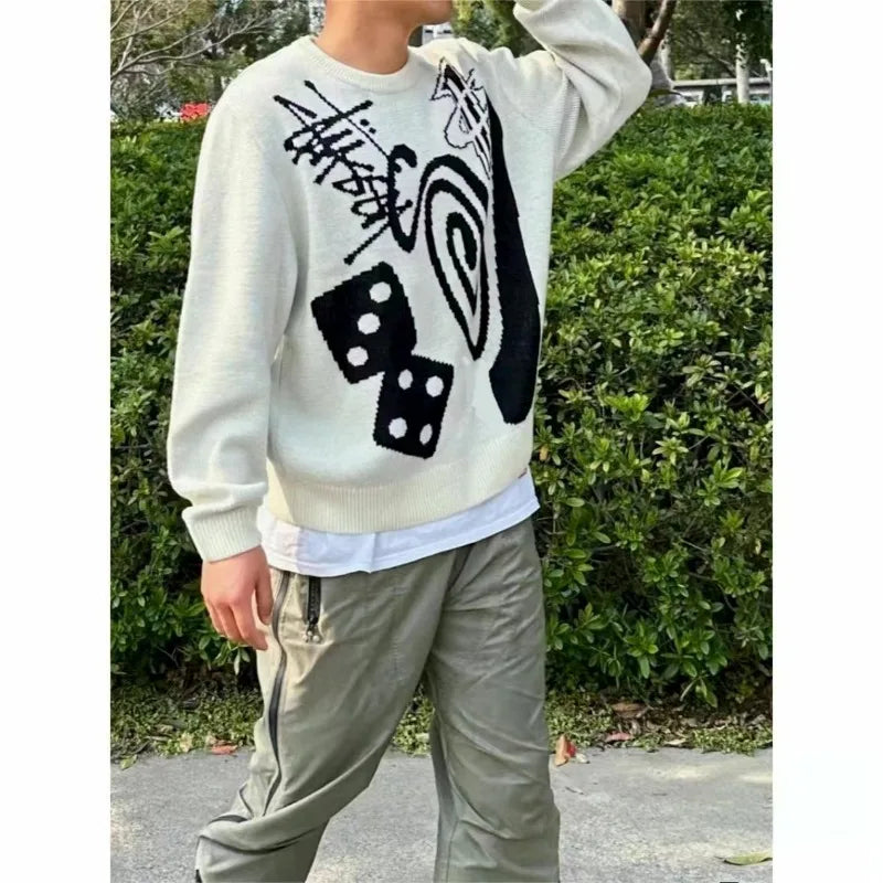Hip-hop punk fashion casual letter knitted men pullover 2025 street personality versatile top hoodie couple trendy loose sweater